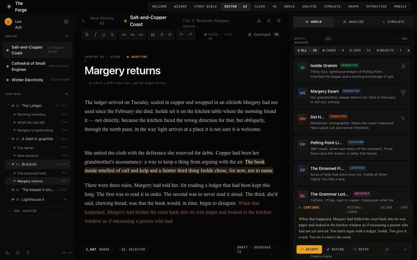 The Forge editor — prose with selection-aware AI rail, entity browser, and a generation card